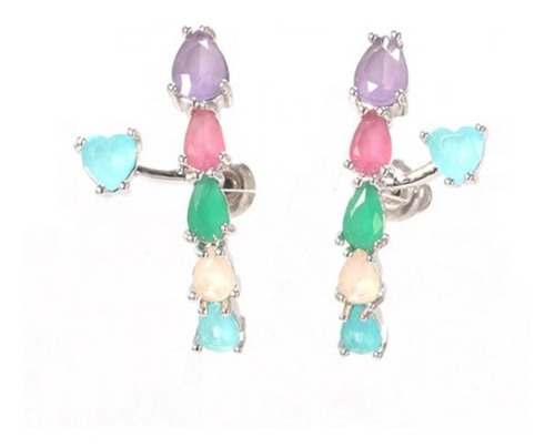 Brinco Ear Cuff  Pedra Zirconia Rodio Prata Colorido Pequeno