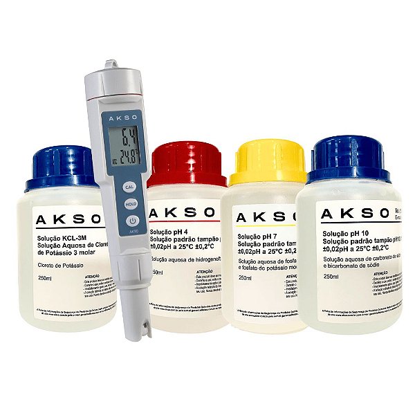 Kit pH Completo: Medidor de pH AK90 + Soluções pH 4, 7 e 10 + Solução KCL