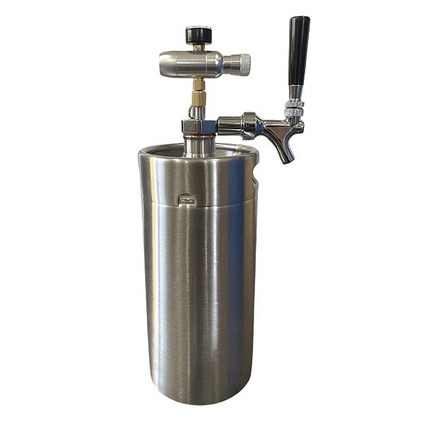 Kit: Growler Inox Mini Keg 3,6L + Tampa Growler com Torneira Americana + Mini Reguladora CO2