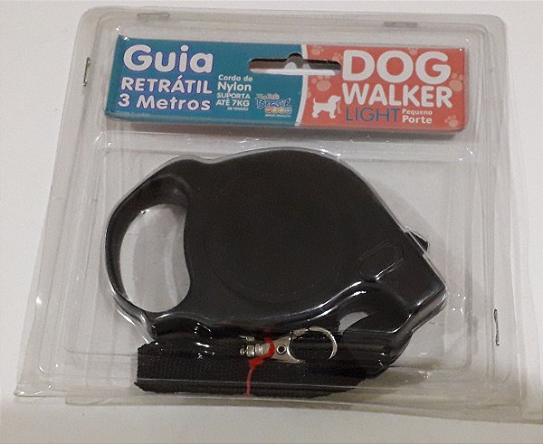 Guia Retrátil Dog Walker Light Corda de Nylon - 3 Metros - Preto
