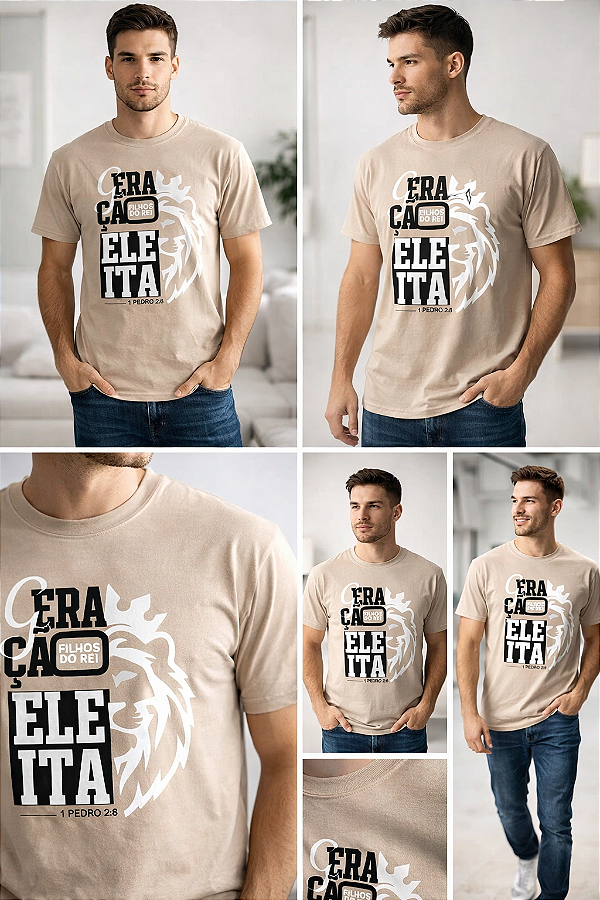 Camiseta Geração Eleita – Filhos do Rei – 1 Pedro 2:8. Estampa tipográfica moderna com leão estilizado, simbolizando força, fé e identidade em Cristo. Visual urbano, elegante e marcante. Confira cores disponíveis.