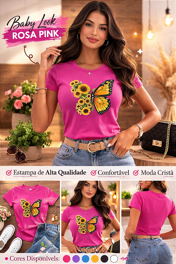 Beleza que inspira fé e estilo! Camiseta com borboleta vibrante formada por flores e uma delicada cruz integrada ao design, simbolizando vida e renovação. Confortável, moderna e cheia de significado. Confira as cores disponíveis!