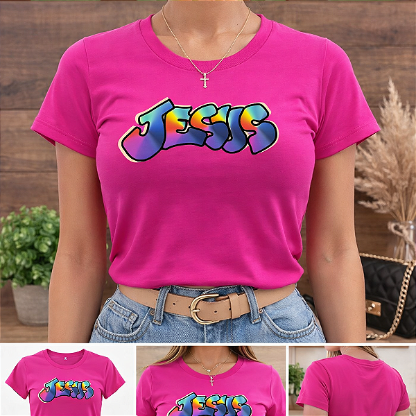 Destaque seu estilo com a Baby Look Rosa Pink com estampa JESUS em alta definição. Moderna, confortável e cheia de personalidade para o seu dia a dia. Ideal para quem vive a fé com atitude. Confira as cores disponíveis.