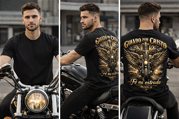 Camiseta cristã estilo biker com estampa nas costas “Guiado por Cristo”. Design forte para quem vive a fé na estrada. Conforto, atitude e propósito em uma peça única. Ideal para motoqueiros que carregam Cristo por onde passam. ✝️🏍️