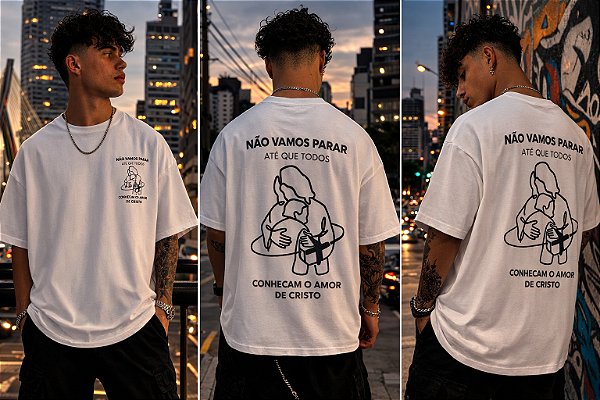 Camiseta oversized com design minimalista e mensagem poderosa. A estampa declara: “Não vamos parar até que todos conheçam o amor de Cristo".