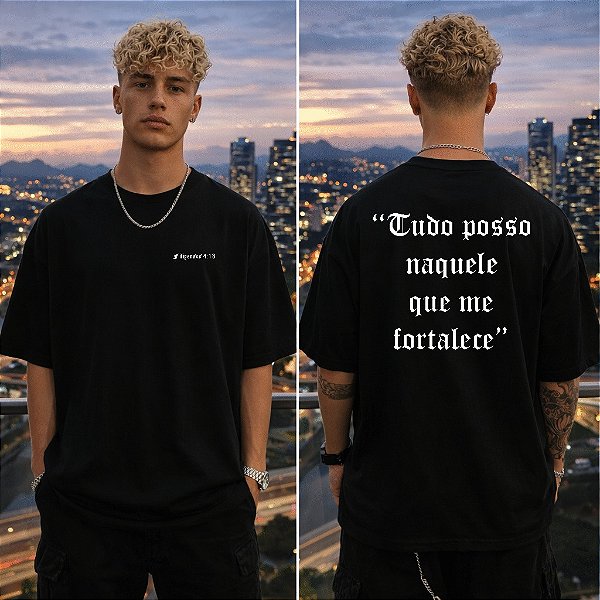 Camiseta oversized A estampa traz a poderosa declaração de Filipenses 4:13: “Tudo posso naquele que me fortalece”. Conforto, atitude e propósito para quem quer expressar sua fé com estilo no dia a dia.