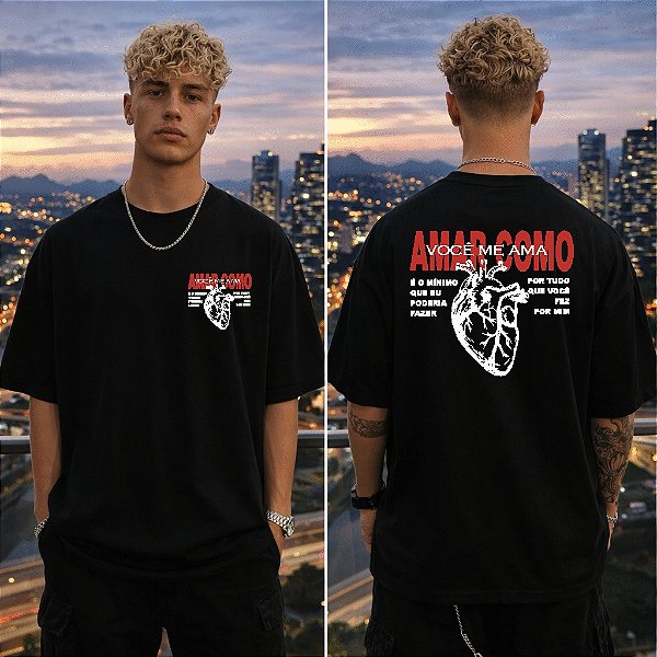 Camiseta oversized A estampa traz a mensagem “Amar como você me ama” com ilustração de coração, representando o amor sacrificial de Cristo. Um estilo urbano que expressa fé, propósito e identidade cristã
