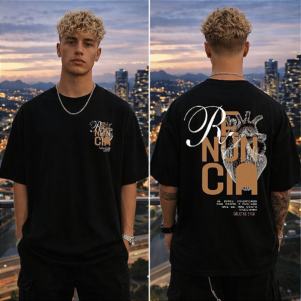 Camiseta oversized com design moderno e cheio de significado. A estampa “Renúncia”, inspirada em Gálatas 2:20, representa uma vida transformada em Cristo.