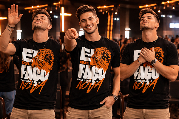 Camiseta com Estampa cristã moderna com leão imponente e a mensagem “Eis que faço uma coisa nova”. Um design forte que transmite fé, coragem e propósito. Ideal para quem vive o novo de Deus todos os dias e quer expressar isso com estilo e atitude