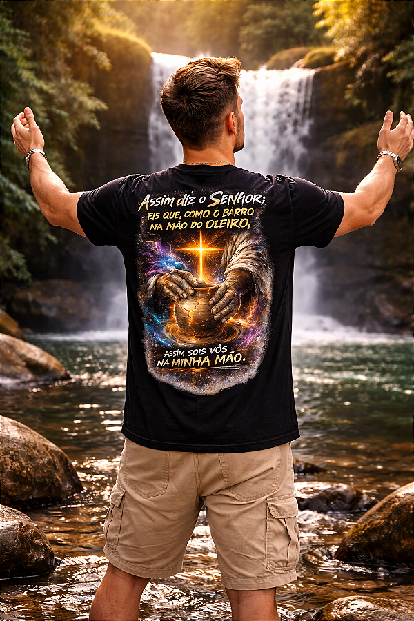 Camiseta cristã com estampa nas costas inspirada em Jeremias, representando Deus como o Oleiro. Um design impactante que transmite renovação, transformação e propósito. Perfeita para quem vive uma nova história nas mãos de Deus