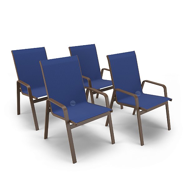 Kit 4 Cadeira Riviera Piscina Alumínio Marrom Tela Azul