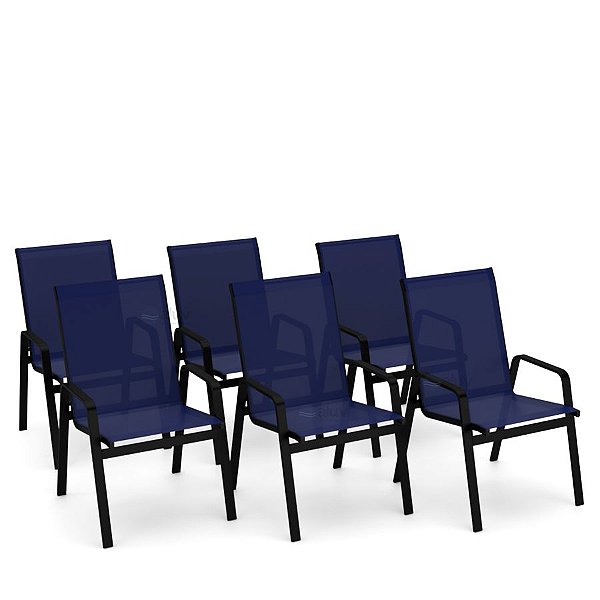 Kit 6 Cadeira Riviera Piscina Alumínio Preto Tela Azul