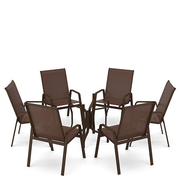 Conjunto de 6 Cadeiras S/ Vidro Alumínio Marrom Tela Marrom