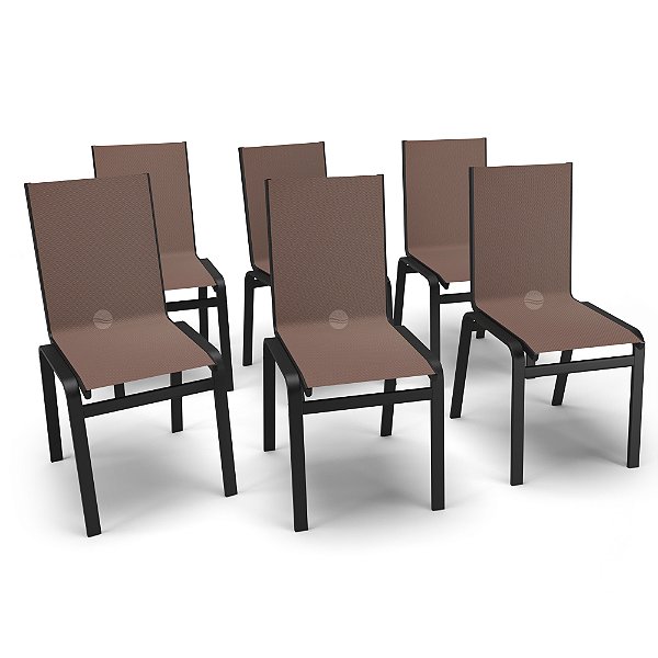 Kit 6 Cadeiras Jantar Gourmet Alumínio Preto Tela Marrom