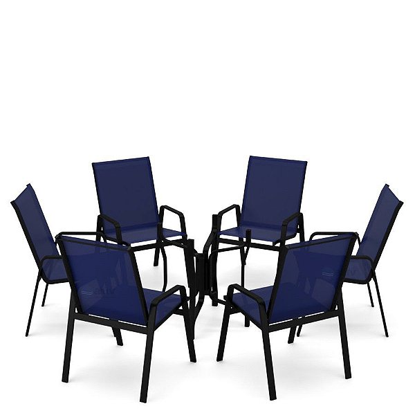Conjunto de 6 Cadeiras S/ Vidro Alumínio Preto Tela Azul