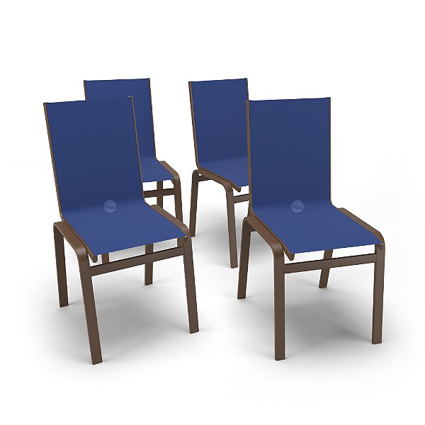 Kit 4 Cadeiras Jantar Gourmet Alumínio Marrom Tela Azul