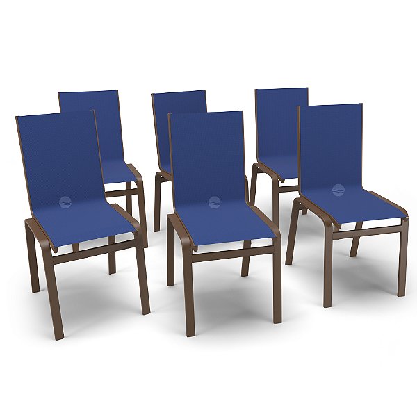 Kit 6 Cadeiras Jantar Gourmet Alumínio Marrom Tela Azul