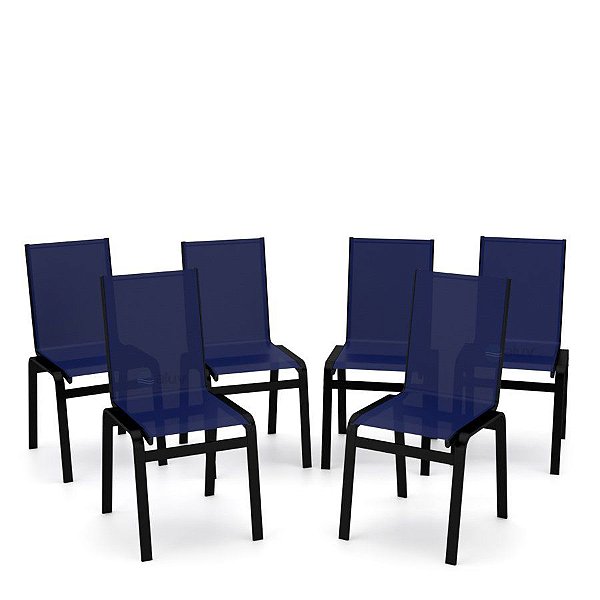 Kit 6 Cadeiras Jantar Gourmet Alumínio Preto Tela Azul