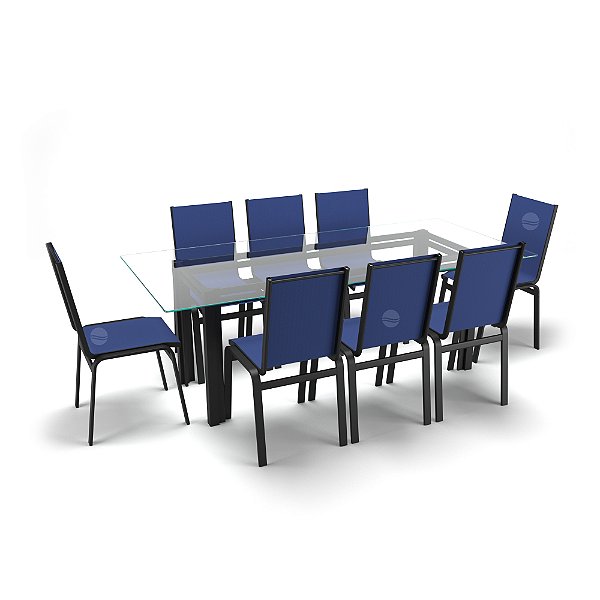 Sala Jantar Retangular 8 Lugares Alumínio Preto Tela Azul