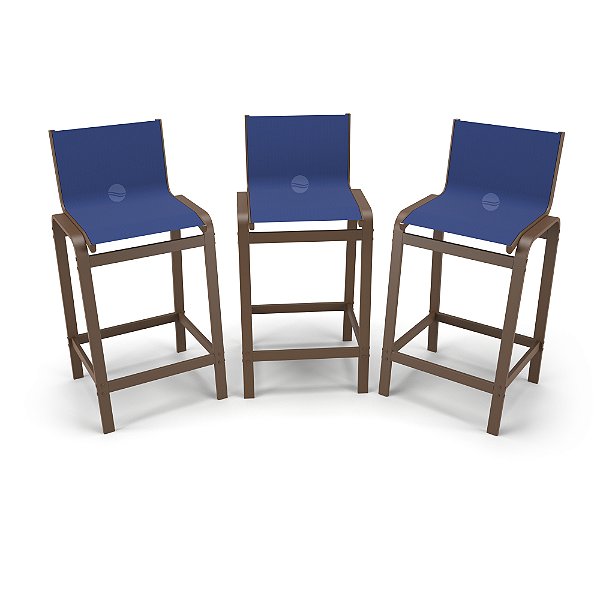 Kit 3 Banquetas Alta bancada Alumínio Marrom Tela Azul