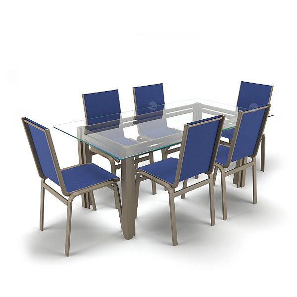 Sala Jantar Retangular 6 Lugares Alumínio Fendi Tela Azul