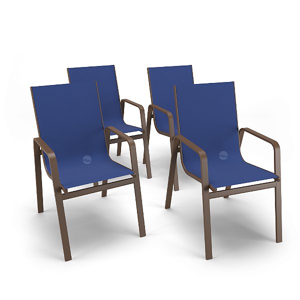 Kit 4 Cadeiras Miami Gourmet Alumínio Marrom Tela Azul