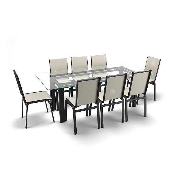 Conjunto Retangular 8 Cadeiras Área Gourmet Alumínio Preto