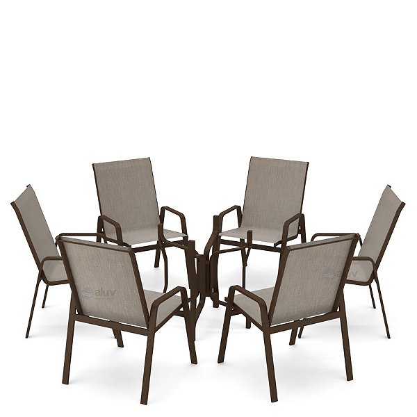 Conjunto de 6 Cadeiras S/ Vidro Alumínio Marrom Tela Mocca