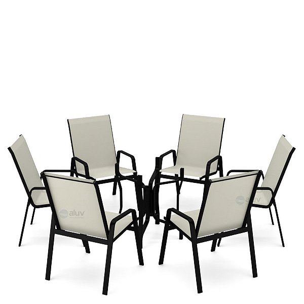 Conjunto de 6 Cadeiras S/ Vidro Alumínio Preto Tela Bege