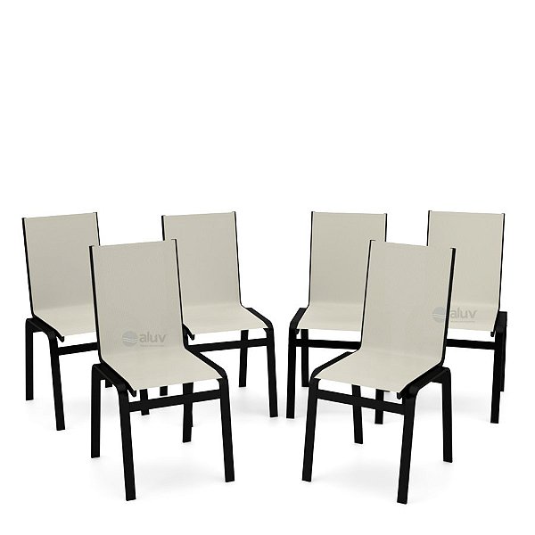 Kit 6 Cadeira Jantar Gourmet Alumínio Preto Tela Bege
