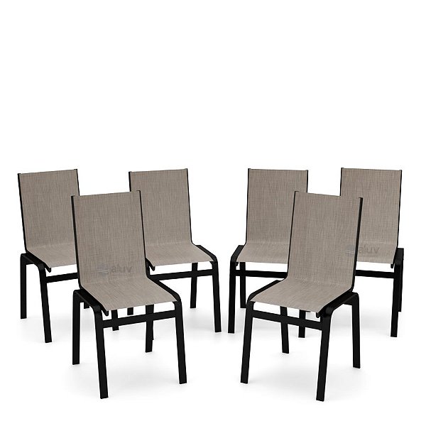 Kit 6 Cadeira Jantar Gourmet Alumínio Preto Tela Mocca