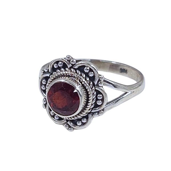 Anel de Prata 925 Indiano Mandala e Granada Lapidada - G005