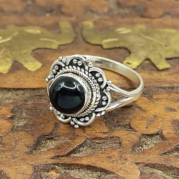 Anel de prata 925 feminino Indiano Mandala e pedra Ônix - O001