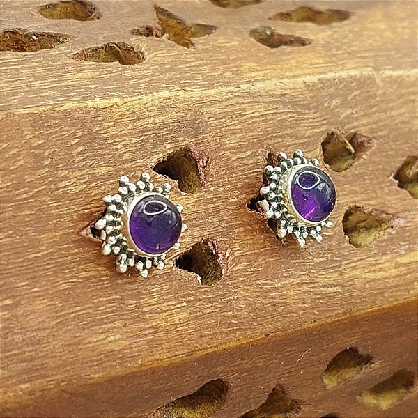 Brinco Indiano de Prata 925 Sol com Pedra Ametista