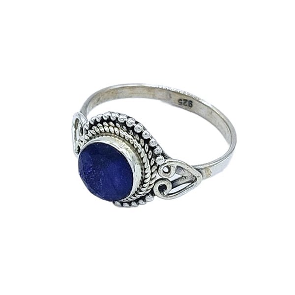 Anel de Prata 925 Pedra Safira Azul lapidado - Indiano - S004