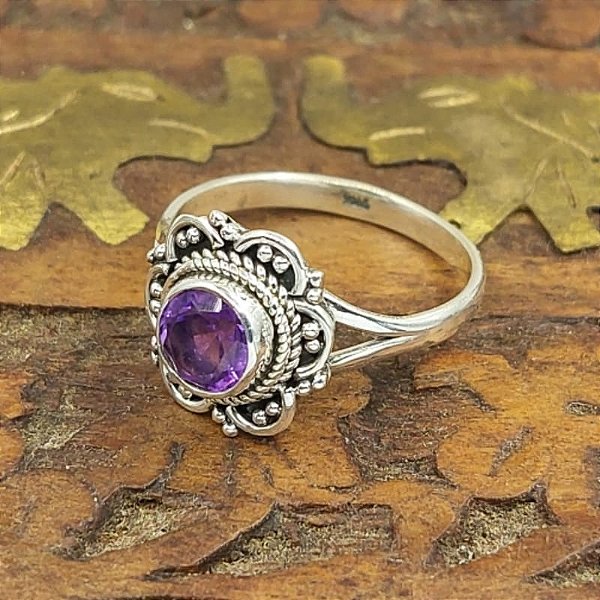 Anel Indiano Prata 925 - Pedra Natural Ametista - Mandala - A008