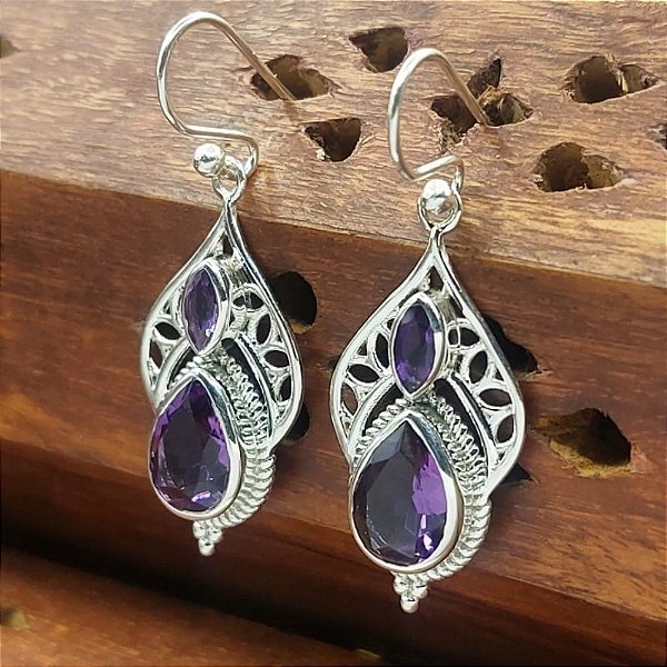 Brinco indiano Prata 925 gota Ametista - lançamento