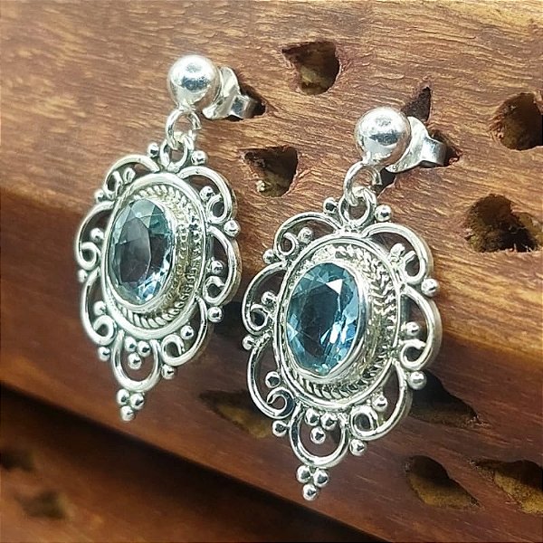 Brinco Prata 925 - Indiano - Topázio Azul - Lançamento