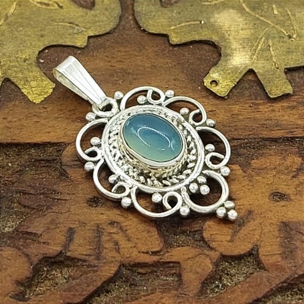 Pingente Indiano mandala Prata 925 Calcedônia Azul lançamento