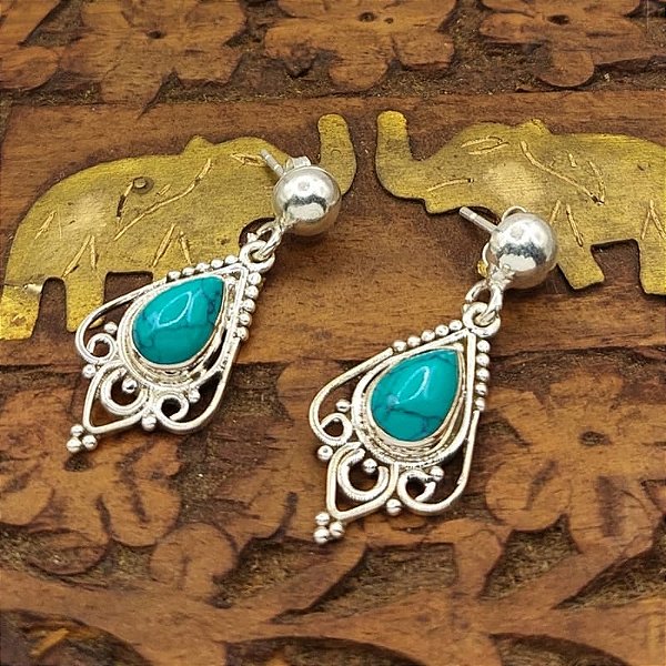 Brinco vintage Gota Prata 925 e Pedra Turquesa - índia