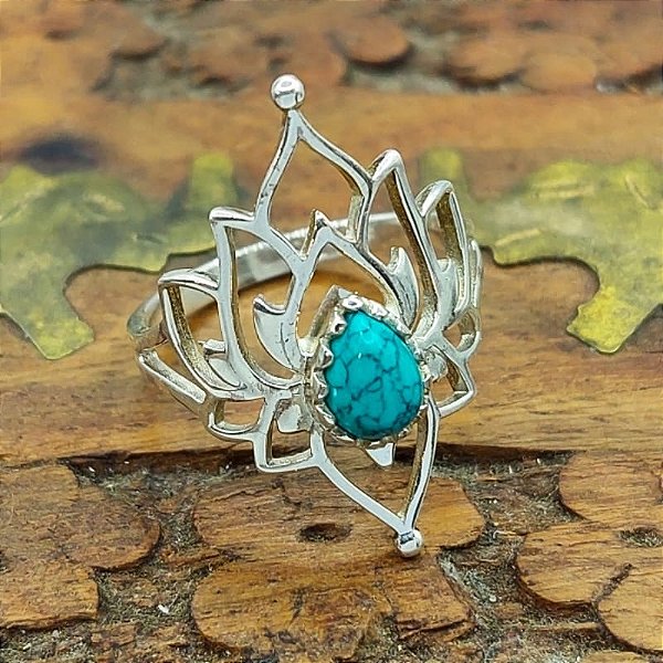 Anel Prata 925 vintage Flor de Lótus com Turquesa - Índia