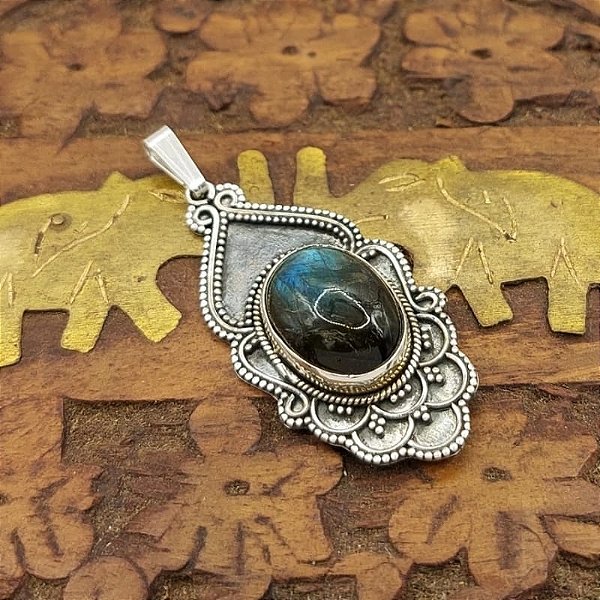 Pingente Indiano Prata 925 - Pedra Labradorita - Mandala - Maravilhoso