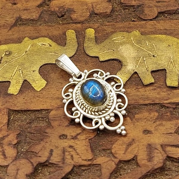 Pingente Indiano Prata 925 - Pedra Labradorita - Mandala