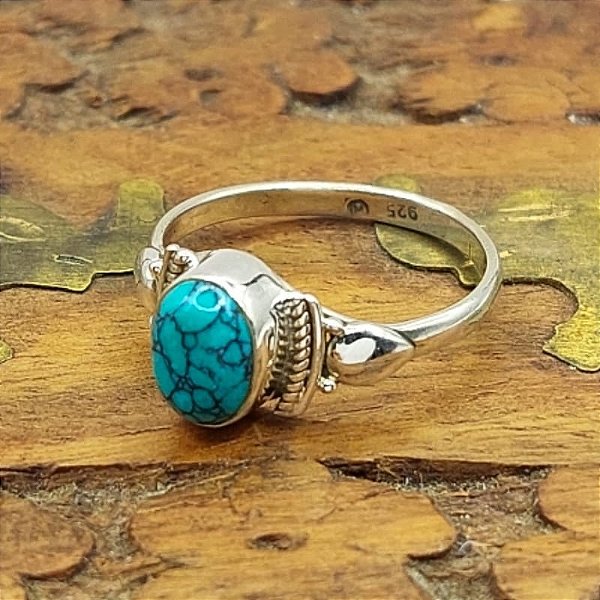 Anel Boho Prata 925 Navete pedra Turquesa