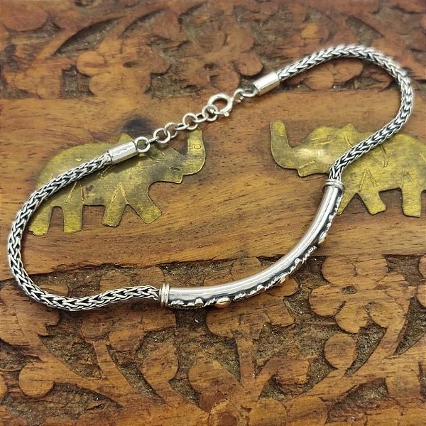 Pulseira Prata de Bali 925 com detalhes em Ouro 18k