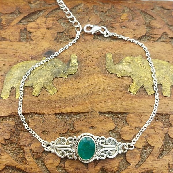Pulseira Prata 925 Esmeralda Feita à Mão