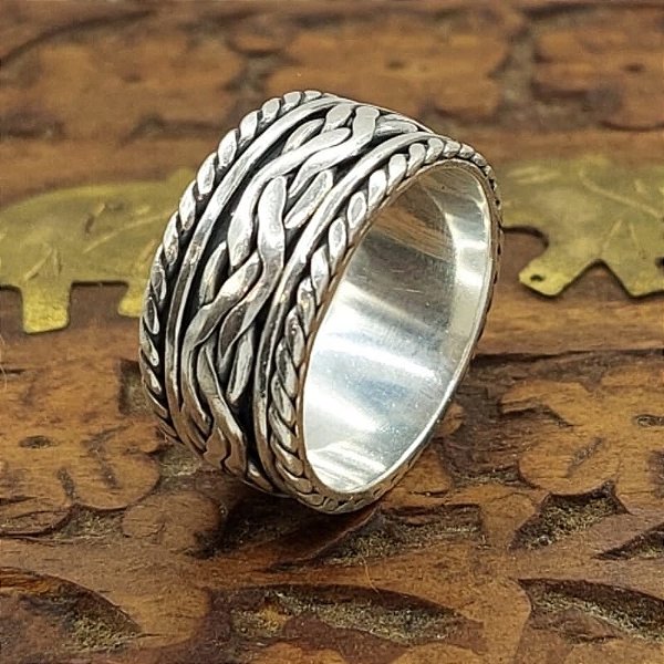 Anel Giratório Prata Bali 925 Trança Largo.