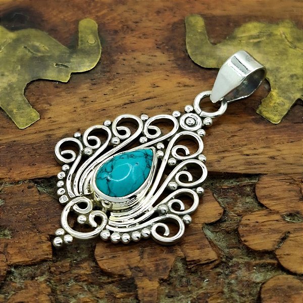 Pingente Prata 925 Indiano com Turquesa - Boho