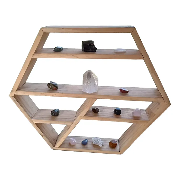 Estante nicho em madeira hexagonal para cristais