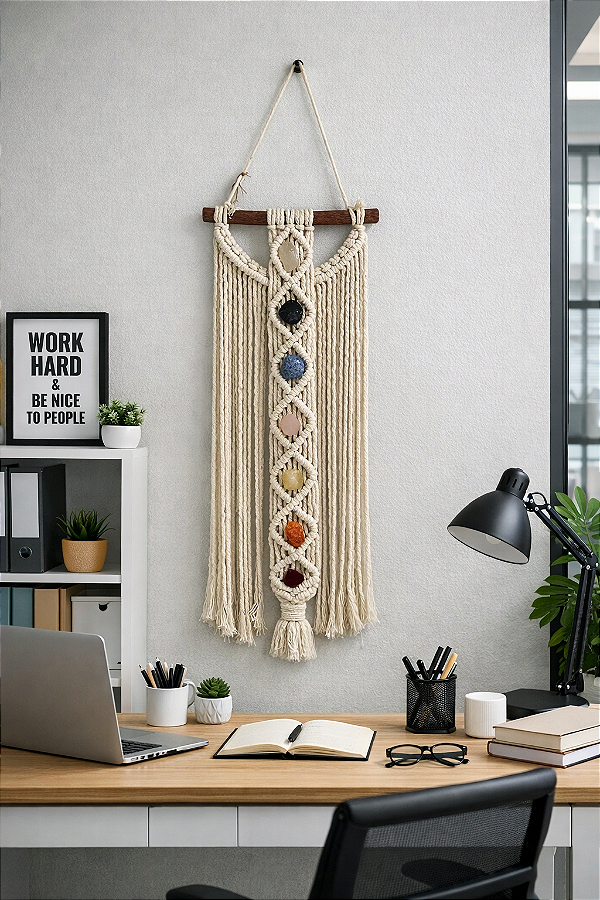 Painel Macramê Branco com 7 Pedras dos Chakras